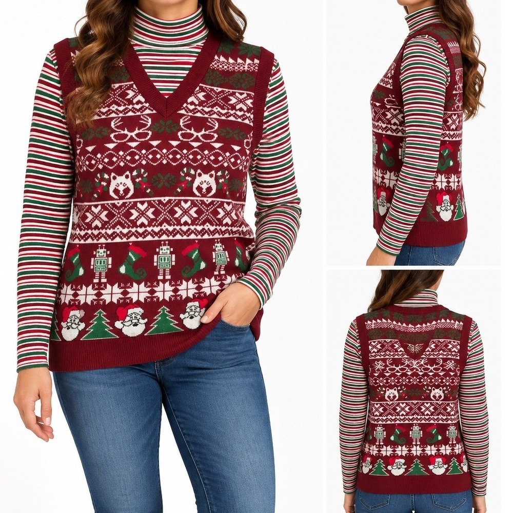 American Rag Mens Holiday Robot Santa Sweater Vest Mock Neck Cotton Small Red
